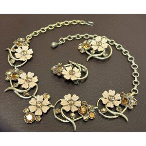 Signed Selro Selini Necklace Earrings Floral Plastic Rhinestones READ